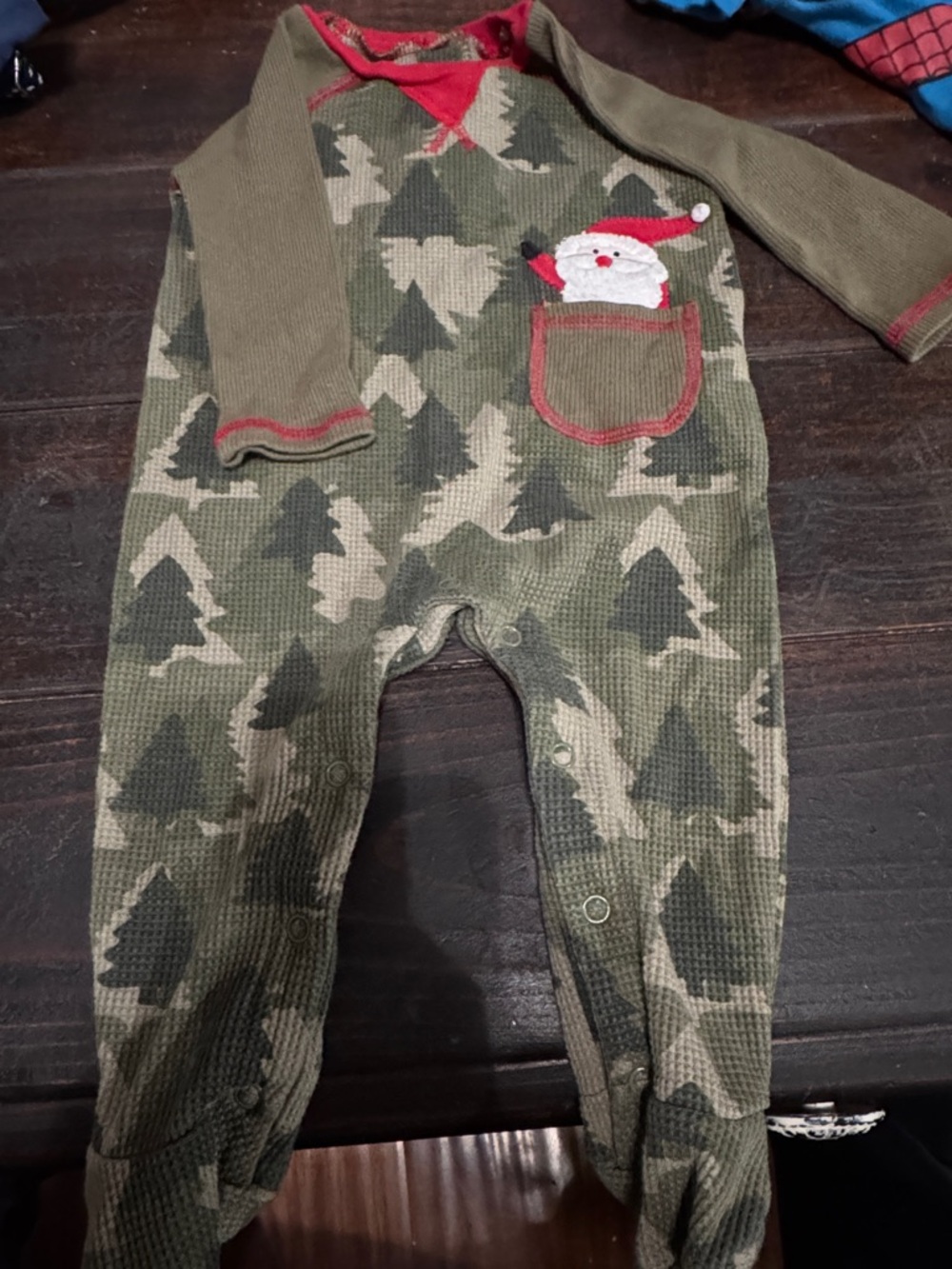 Mud Pie Olive Green & Tan Tree Print Santa Pocket Footie